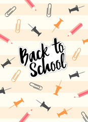 Welcome back to school poster with color drawing pins, pencil and paper clip. Vector background for diary or notebook, copybook or other 