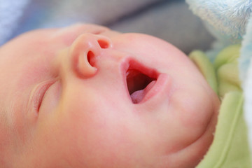 Closeup of newborn baby face, mouth open