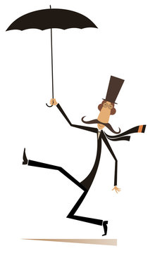 Mustache man in the top hat walking with umbrella isolated on white illustration