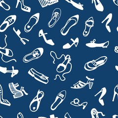 Woman's shoes white lines seamless pattern on blue background. Vector illustration. flats, pumps, heels, wedges, sandals, flatform, mules.