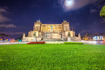 Vittorio Emmanuel II Monument on Venice square in Rome at night, Italy