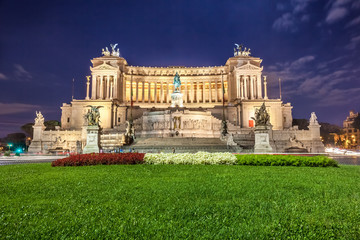 Vittorio Emmanuel II Monument on Venice square in Rome at night, Italy