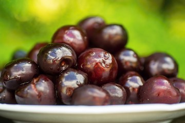 Dark cherry on blurry green background.
