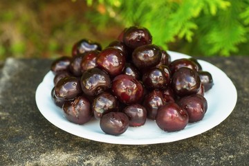 Dark red cherry on white plate, outdoor.