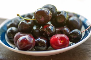 Dark red cherry on plate.