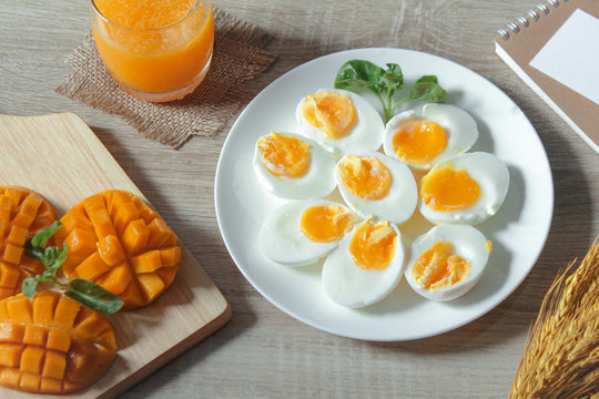 boiled egg for breakfast with orange juice and mango