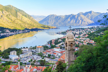View from above on the old city Kotor, boka-kotor bay in Adriatic sea and mountains, Montenegro....