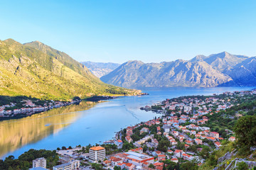 Fototapeta na wymiar View from above on the old city Kotor, boka-kotor bay in Adriatic sea and mountains, Montenegro. sunrise, gorgeous nature landscape