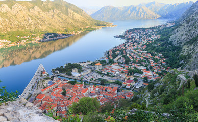Fototapeta na wymiar View from above on the old city Kotor, boka-kotor bay in Adriatic sea and mountains, Montenegro. sunrise, gorgeous nature landscape