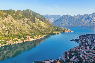 Obraz premium View from above on the old city Kotor, boka-kotor bay in Adriatic sea and mountains, Montenegro. sunrise, gorgeous nature landscape