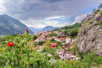 Fototapeta na wymiar View old city Kotor and mountains on Adriatic sea coastline in Montenegro, gorgeous nature landscape