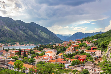 Naklejka na ściany i meble Panoramic view, old city Kotor in Adriatic sea coastline and mountains in Montenegro, gorgeous nature landscape