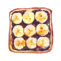 Top view of open sweet sandwich: banana slices and chocolate spread on a slice of toasted bread. Food illustration painted in watercolor on clean white background  