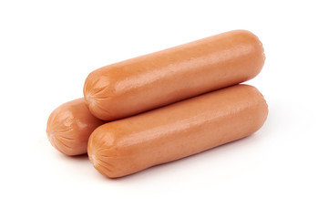 Fresh boiled sausages, isolated on white background. Close-up.