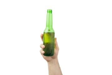Hand Holding Ice Cold Wet Green Beer Bottle Isolated On White  Background