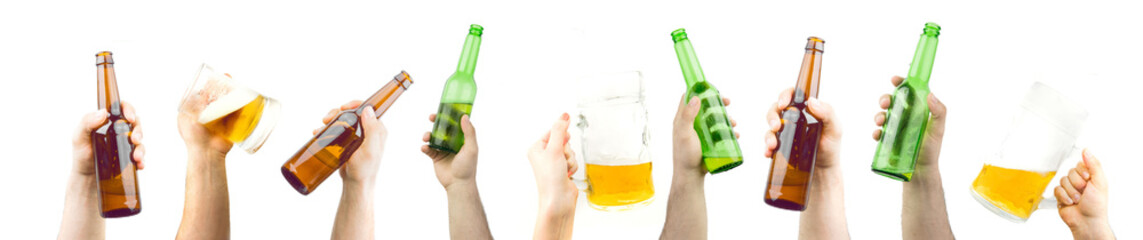 Bunch Of Hands Holding Ice Cold Wet Brown And Green Beer Bottles And Big Mugs Isolated On White Background
