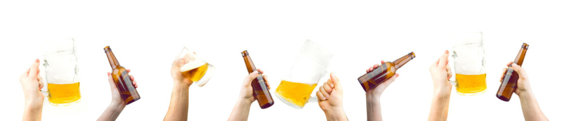 Bunch Of Hands Holding Ice Cold Wet Brown Beer Bottles And Big Mugs With Beer Isolated On White...