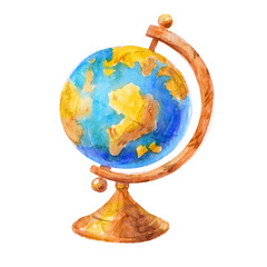 Colorful Watercolor Globe illustration Isolated On White Background. Concept for children print. Flat planet Earth icon.
