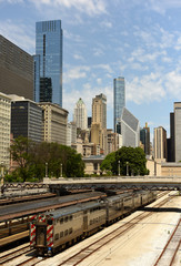 Fototapeta na wymiar Chicago cityscape with a trains on the station in downtown , USA
