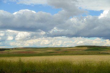 Fototapeta na wymiar Rolling green hills with dramatic clouds in the agricultural heart of Spain, near Salamanca