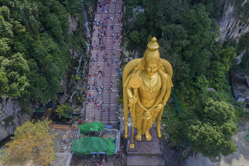 Panoramic aerial view of Batu Caves at sunset on Thaipusam festival evening, Malaysia
