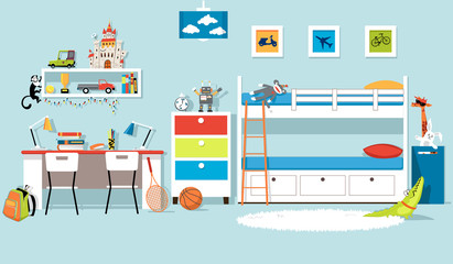 Interior of a boys' bedroom with a bank bed and a desk, flat vector design, EPS 8, no transparencies 