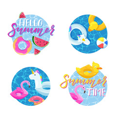 Summer labels, stickers or tags. Vector circle emblem set. Holiday, travel, beach vacation, pool party design elements