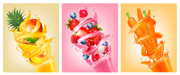 Set of labels of of fruit in juice splashes. Strawberry, blueberry, raspberry, carrot, pineapple, mango, lice, peach. Vector.