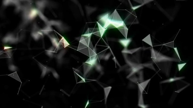 Rendered computer generated video abstract moving background. Triangles, dots and lines are connecting with shine on blur background. Slow motion and shallow depth of field