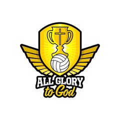 Obraz premium Athletic Christian logo. Gold shield, goblet, wings and volleyball. Emblem for competition, ministry, conference, camp, seminar, etc.