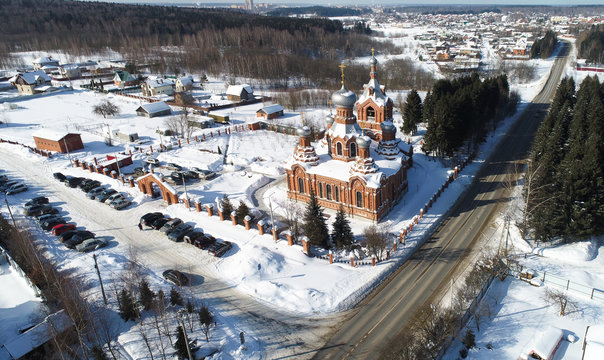 Aerial view of the Exaltation of the Holy cross Church in Darna village, Russia