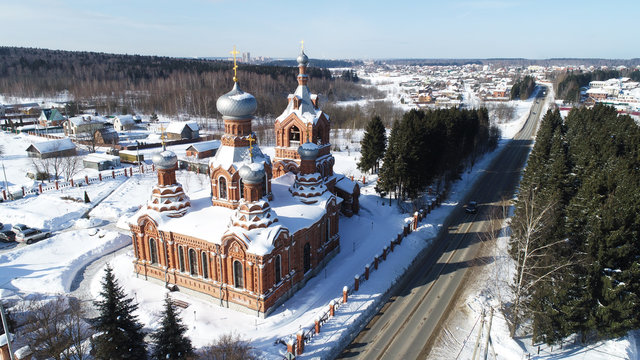 Aerial view of the Exaltation of the Holy cross Church in Darna village, Russia