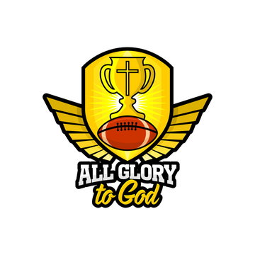 Athletic Christian logo. Gold shield, goblet, wings and rugby ball. Emblem for competition, ministry, conference, camp, seminar, etc.