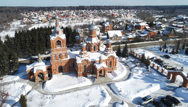 Aerial view of the Exaltation of the Holy cross Church in Darna village, Moscow region, Russia