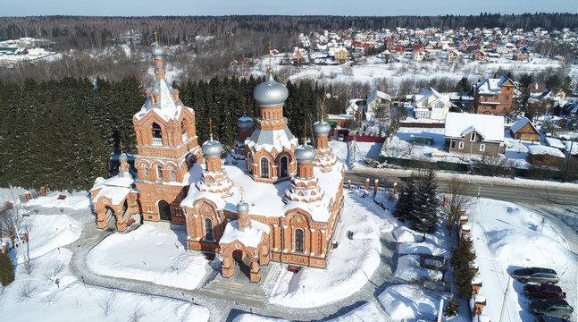 Aerial view of the Exaltation of the Holy cross Church in Darna village, Moscow region, Russia