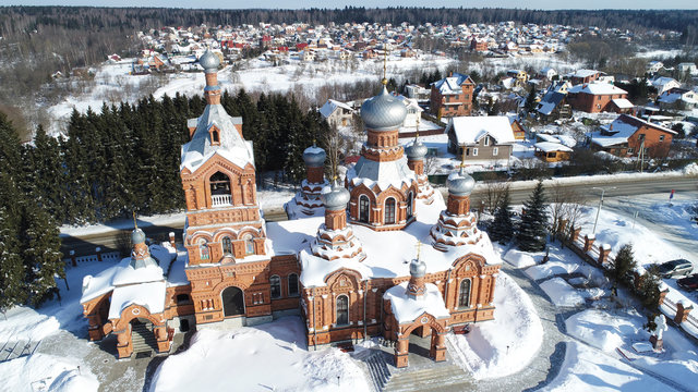 Aerial view of Church of the Exaltation of the Holy cross in Darna village, Moscow region, Russia