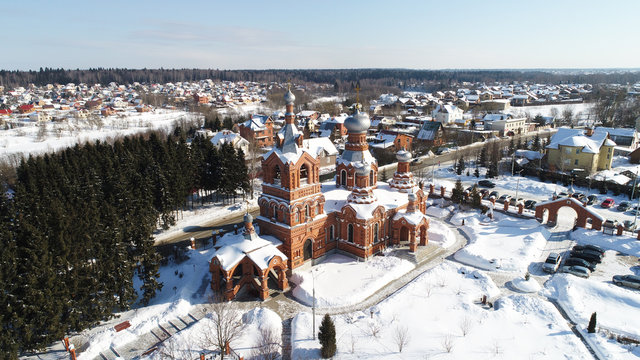 Aerial view of Church of the Exaltation of the Holy cross in Darna village, Moscow region, Russia