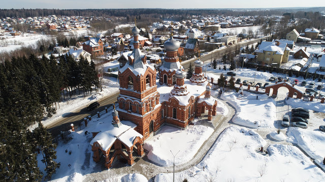 Aerial view of Church of the Exaltation of the Holy cross in Darna village, Moscow region, Russia