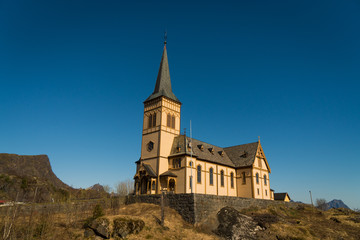 Fototapeta na wymiar The Vagan Church (Norwegian: Vagan kirke; sometimes called the Lofoten Cathedral) in Kabelvag at Lofoten Islands / Norway