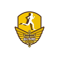 Athletic Christian logo. The cross of Jesus Christ, the wings of the Holy Spirit, a running man in the background of a shield