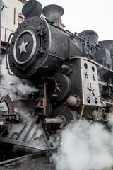 Old steam locomotive train with smoke, Nilgiri Mountain Railway, Ooty, Tamil Nadu, India