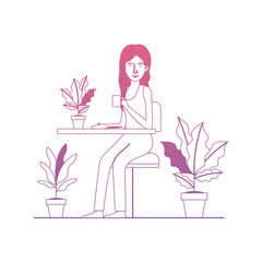 woman in the table drinking coffee with house plants vector illustration design