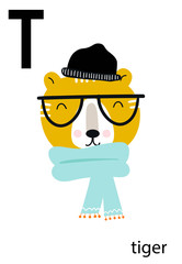 Cute vector zoo alphabet poster with cartoon animals. Set of kids abc poster in scandinavian style