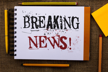 Writing note showing  Breaking News Motivational Call. Business photo showcasing Updated press report Latest information Text white notepad yellow pen pencil around sketch stress school work.