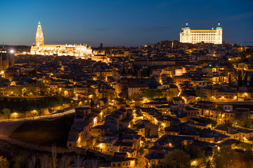View of the medieval center of the city of Toledo, Spain. It features the Tejo river, the Cathedral and Alczar of Toledo,  Spain.