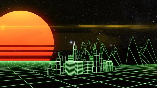 Retro futuristic synth grid cityscape