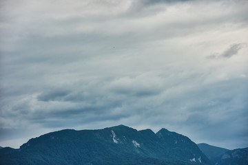 Obraz premium Mountain forest landscape covered by green pine under morning sky with clouds, Country Side