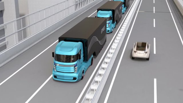 Autonomous electric trucks and VTOL drones platooning on highway. Concept for fast delivery service. 3D rendering animation.