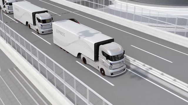Autonomous electric trucks and VTOL drones platooning on highway. Concept for fast delivery service. 3D rendering animation.