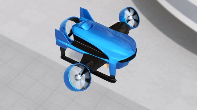 Blue VTOL drone fly across highway to delivery packages. Concept for fast delivery service. 3D rendering animation.